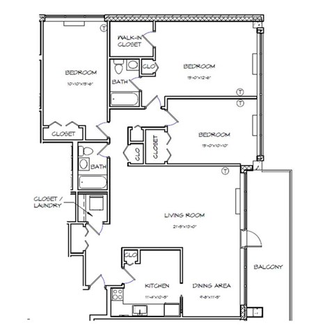 Floor plan for 3 beds, 2 baths, 1410 sqft